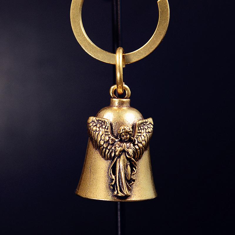 Messing Mode Schutzengel Flügel Glocke Motorradglocke Schlüsselanhänger Herren Biker Exorzist Amulett Glücksschmuck