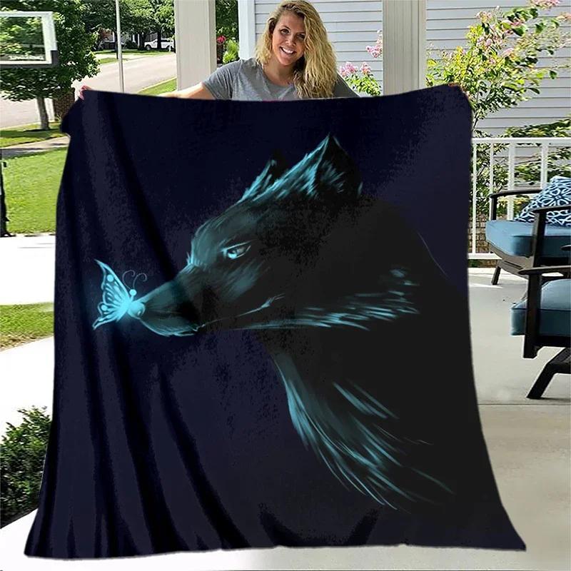 Arte Fantasia Lupo Morbido Peluche Divano Letto Lancio Cartone Animato Picnic Coperte Moderna Coperta di Flanella Stampata Copriletto Regalo