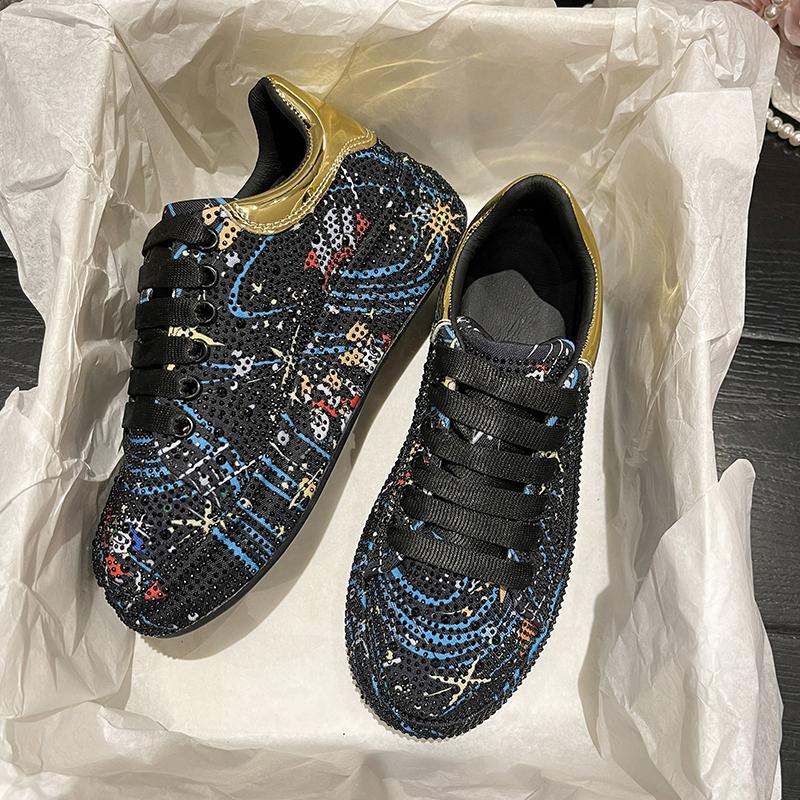 Shiny Rhinestone Graffiti Casual Shoes Women New Spring Fashion Thick Soled Anti Slip Versatile Sports Shoes Banquet Flat Shoes