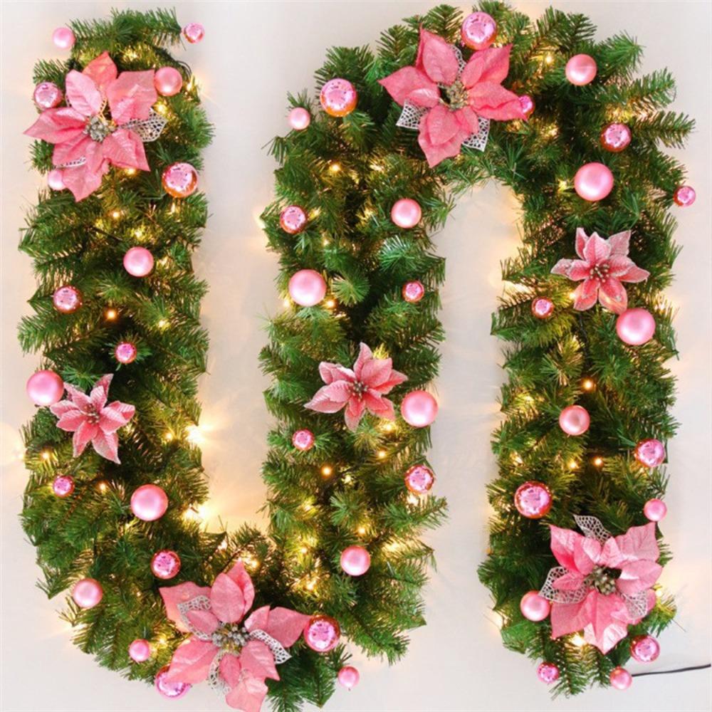 2.7M Christmas Garland Door Hanging Xmas Balls Christmas Wreath Artificial Flower with LED Lights Xmas Decorations Rattan