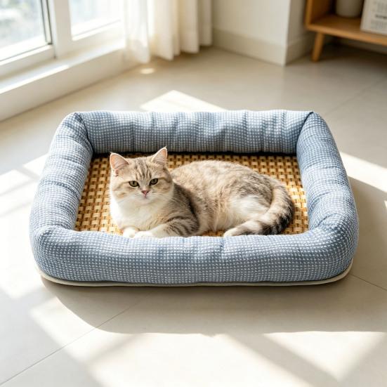 Summer Pet Cooling Bed Woven Cooling Mat Cat Bed Breathable Cooling Dog Bed with Raised Edges Anti-Slip Bottom for Small Dogs Cats