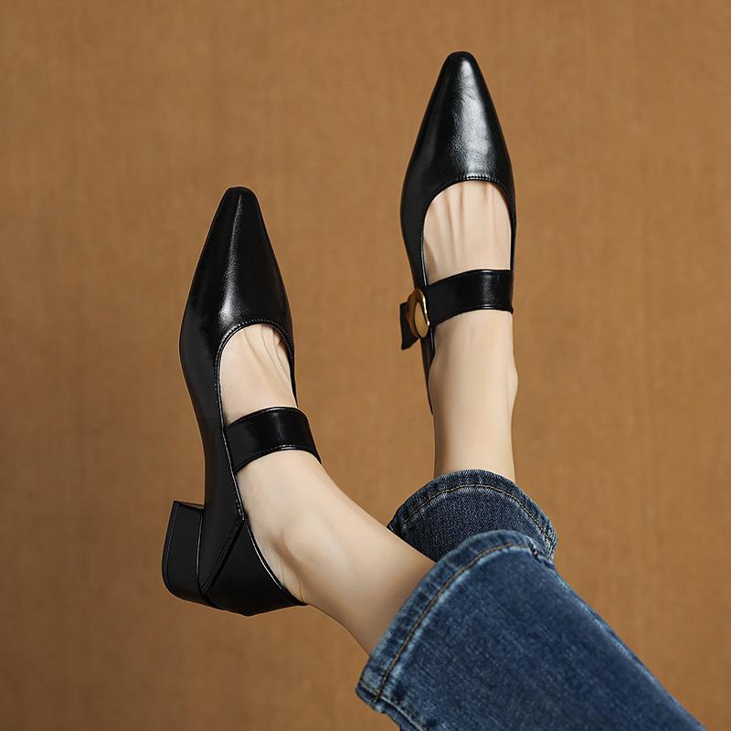 Women's Thick Heel Shoes Autumn New Pointed Head Shallow Mouth Metal Buckle Soft Sole Non-slip Low Top Shoes