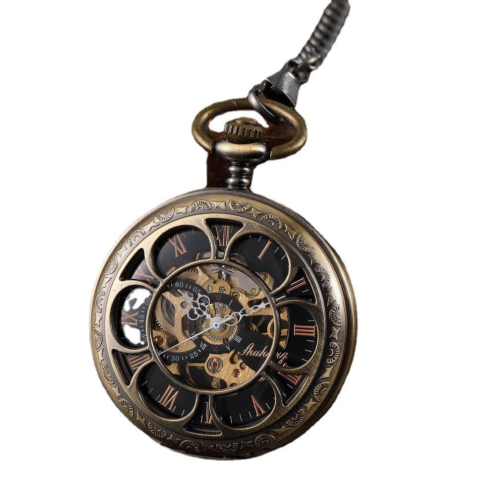 Modny nowy styl z klapką, wydrążone płatki, podwójny automatyczny mechaniczny zegarek kieszonkowy, gruby łańcuszek