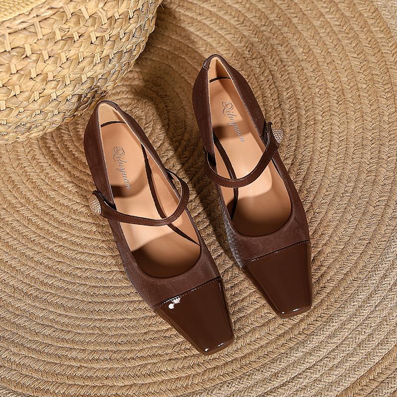 French Mary Jane shoes thick heel splicing small fragrant single shoes middle heel 2025 new one-word with square head high heels