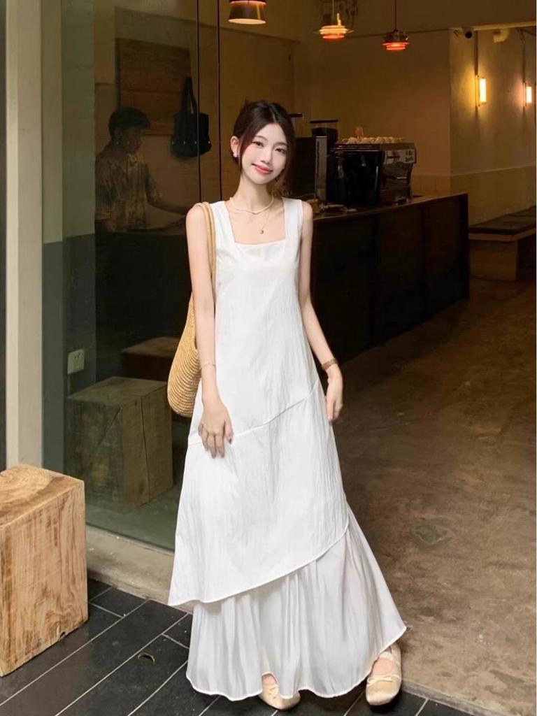 Korean Style Irregular Spaghetti Strap Summer Dress - Women's Loose Slimming Long Design for 2026