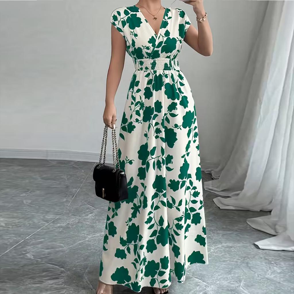 Women's Summer Fashionable Floral Print V-neck Long Dress, Summer Waist Cinching Dress