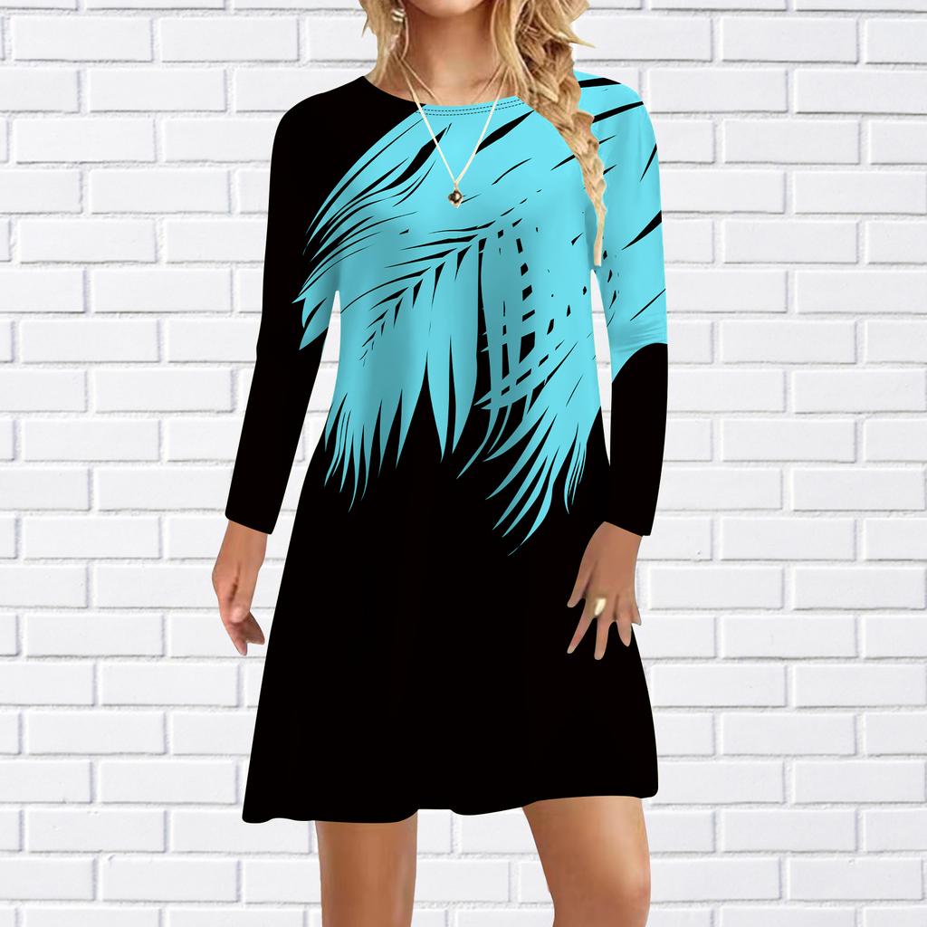 Women Casual Dress Autumn Blue Bamboo Leaves Print Dresses For Women O-neck Short Sleeve Dress Plus Size
