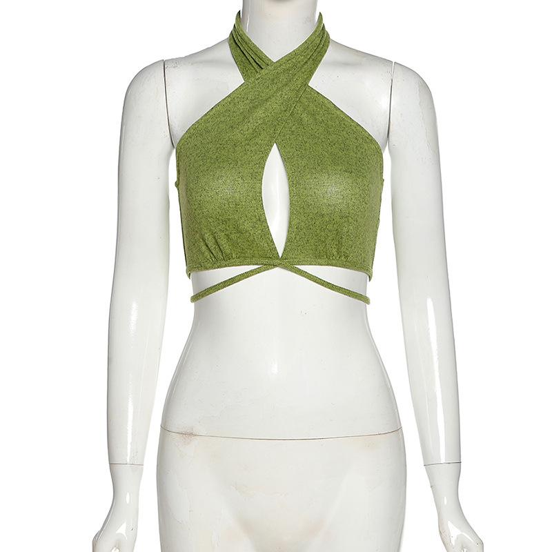 Tops cortos verdes sexis con cuello Halter para mujer, sin mangas, Espalda descubierta, para fiesta y Club, Top corto envolvente, ropa informal ajustada
