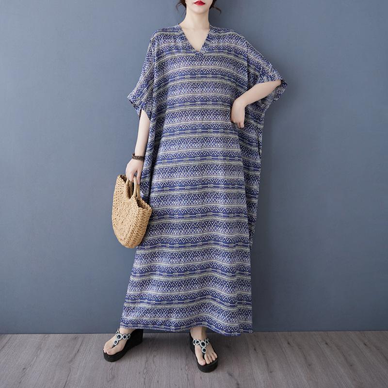 Summer Casual Artistic Plus Size Loose Print V-neck Short Sleeved Dress