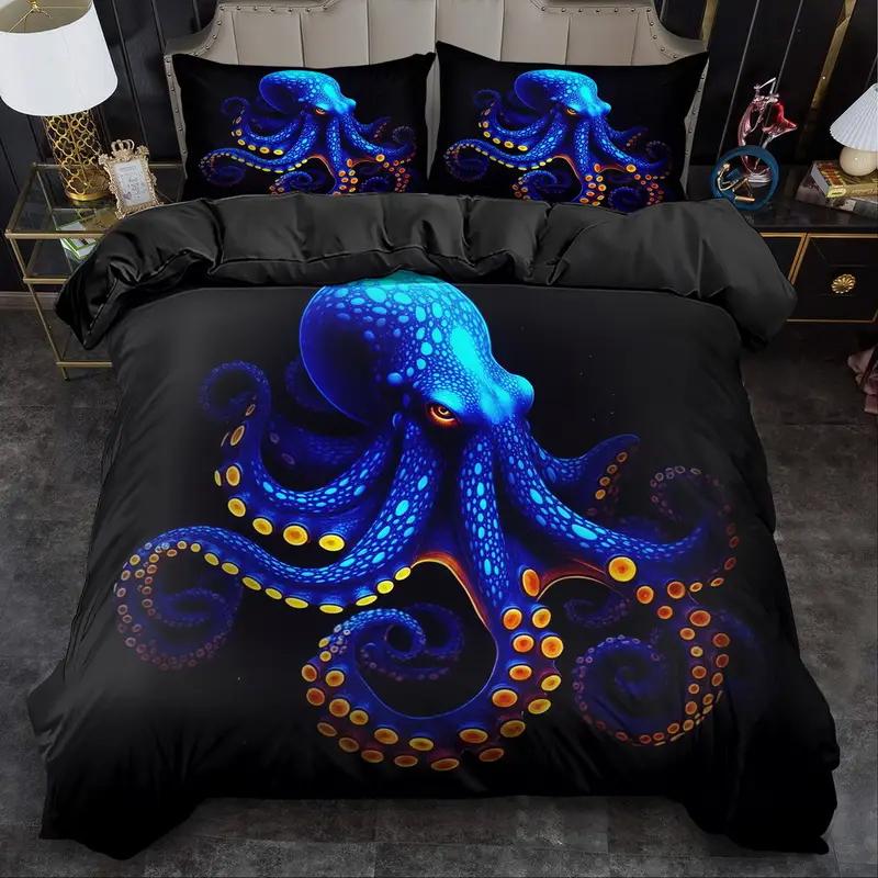 Vintage Octopus Duvet Cover Set, Nautical Sea Life Print Quilt Cover, Soft Comfortable Breathable Bedding Set For Home Decor