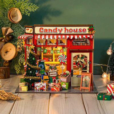 Weihnachts-Süßigkeitenhaus DIY Holzhaus-Bausatz 3D-Puzzle Miniaturmodell Kreative Heimdekoration