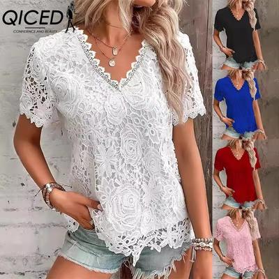 Moda feminina casual cor sólida estampa manga curta blusas e camisas com decote em V