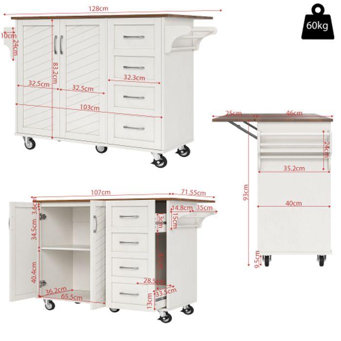 Chariot De Cuisine - MUVOE - Buffet Avec Plateau Pliable - 2 Tiroirs - 2 Portes - Blanc