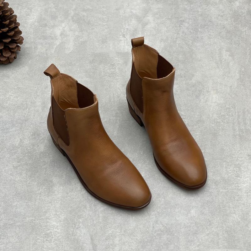 Johnature Handmade Genuine Leather Short Boots Retro Cowhide Versatile Pointed Toe Thick Heel Women's Boots