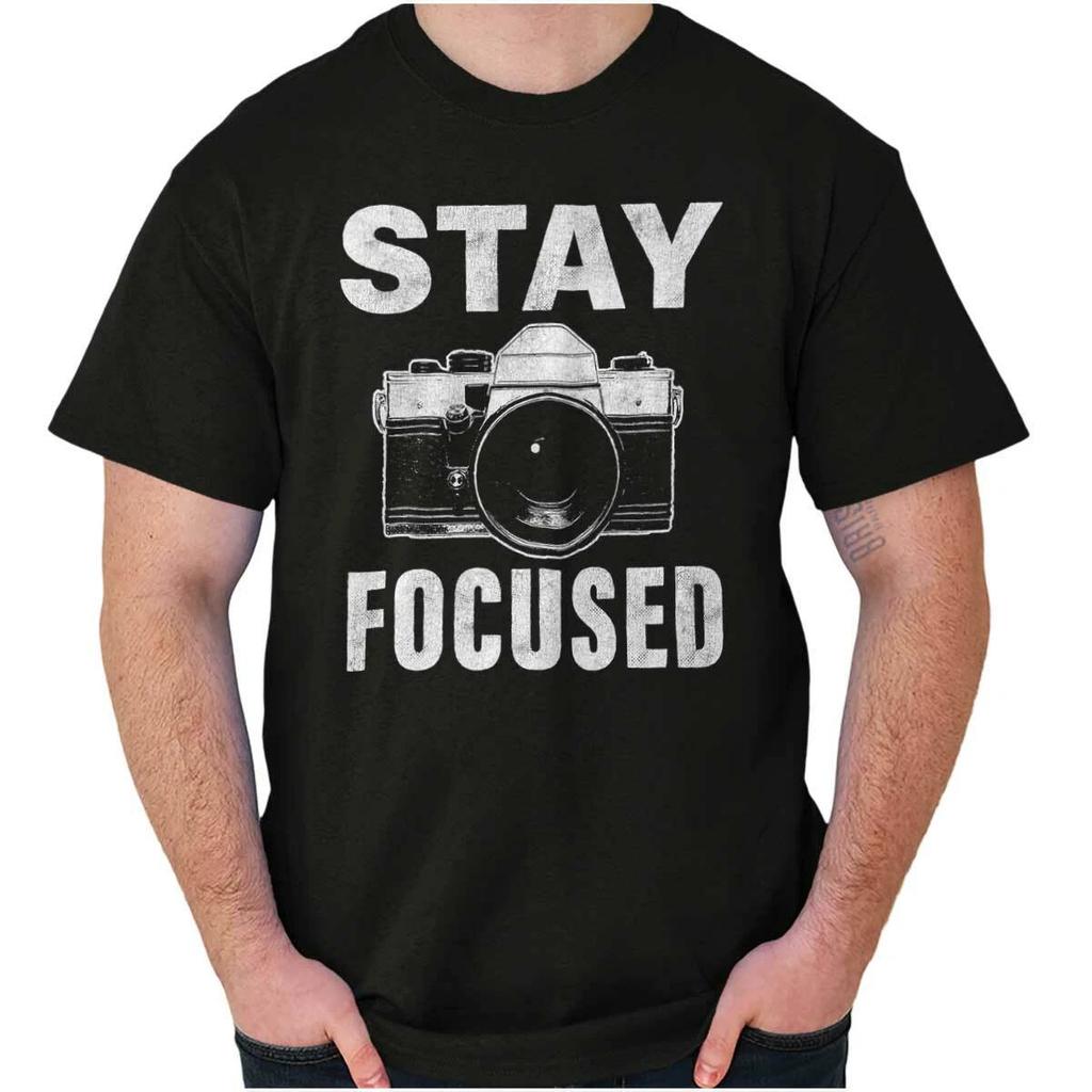 Funny Photographer Pun Stay Focused Camera Womens or Mens Crewneck T Shirt Tee