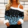 Women's Off-the-shoulder Plush Neck Printed Long-sleeved Pullover T-shirt Top