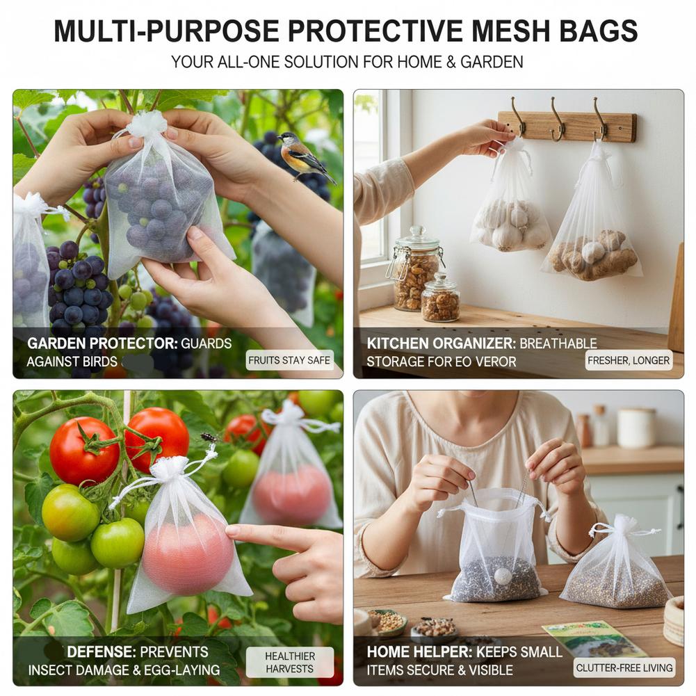 Fruit Protection Bags with Drawstring Fruit Tree Netting Cover Organza Mesh Tomato Bags Pest Barrier for Apples Mango Grape 50pc