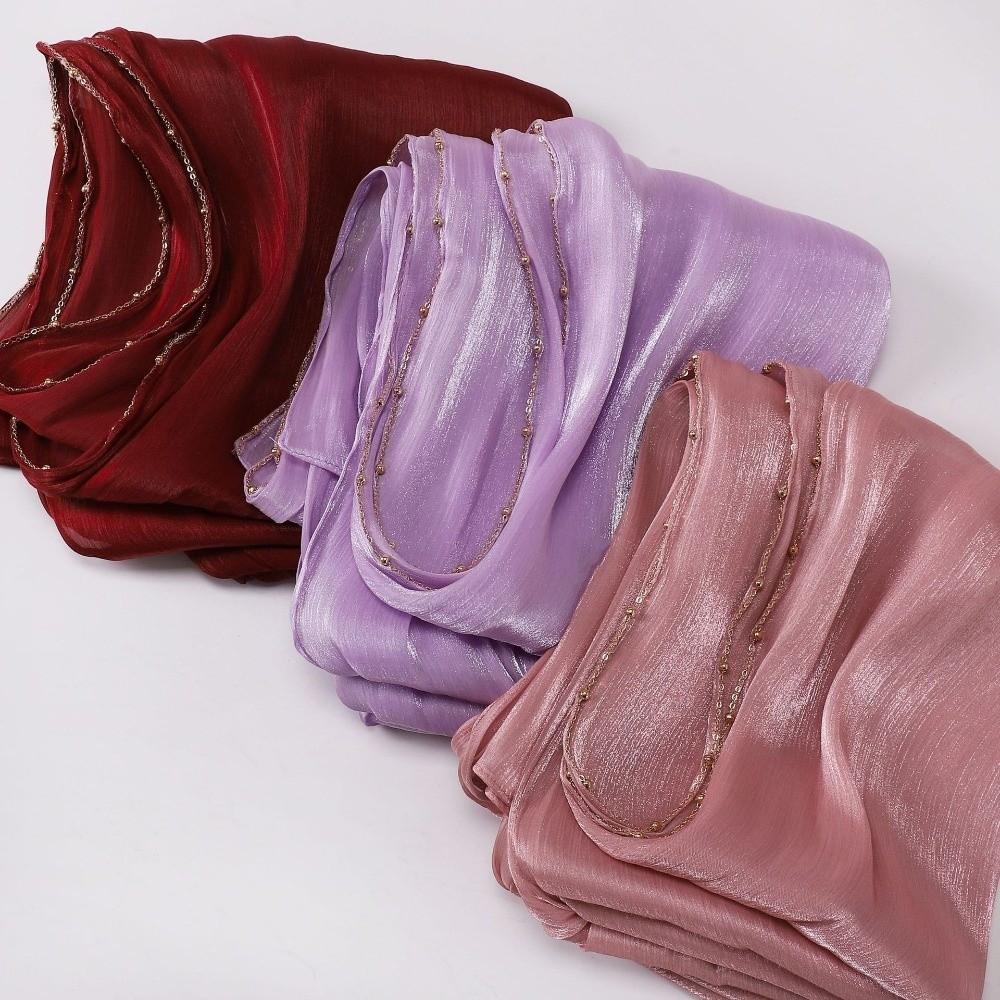 High Qulaity Solid Color Silk Scarf Unilateral golden chain Shining Sunscreen shawl Long Soft Chiffon Hijab Veil Outdoor