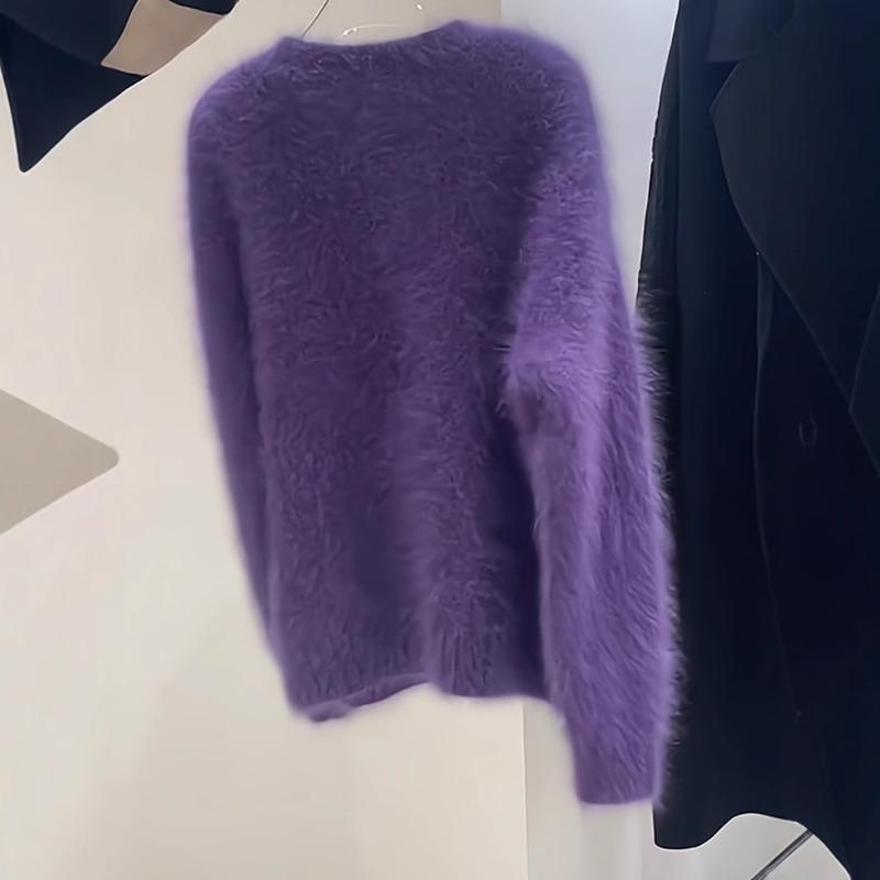 Premium sense wear mink velvet purple sweater women's autumn and winter milk huhu soft waxy temperament mohair elegant top