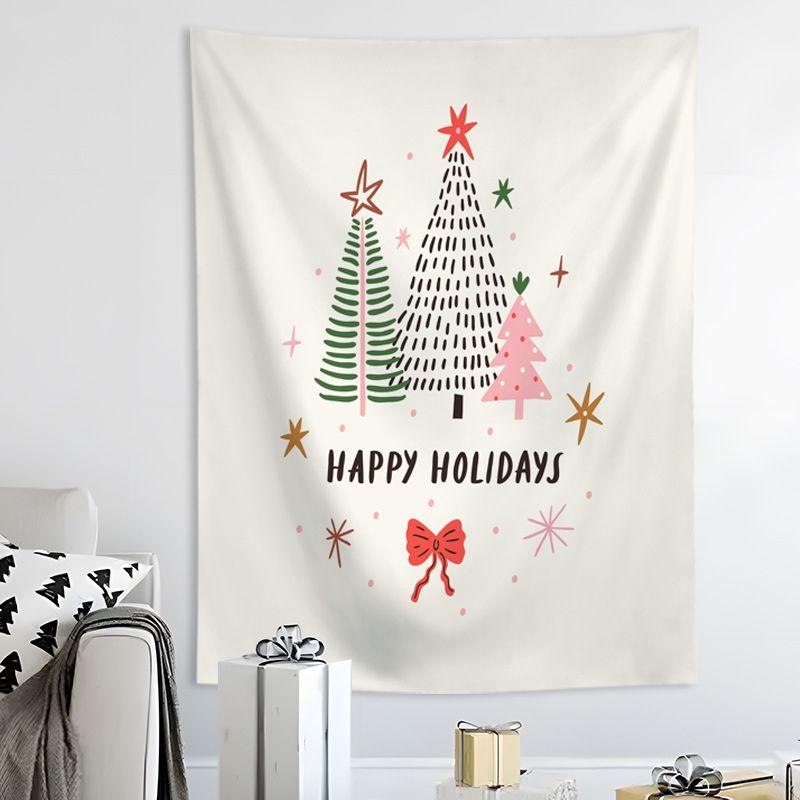 White Gold Floral Christmas Tree Wall Tapestry Merry Text Bird Leaf Ornament Elegant Minimalist Holiday Aesthetic Home