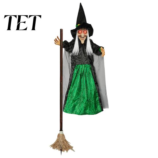 Haunted House Thrilling Surprises 180cm Halloween Props, Flying Witch Decoration with Scary Sounds & Lights, Outdoor Hanging Decor for Garden