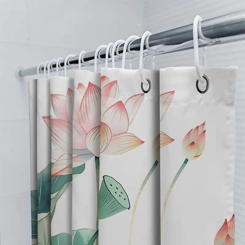 Elegant Lotus Flower Waterproof Shower Curtain Modern Design Green Leaves Pink Blossoms Nature Inspired Bathroom Decor Accent