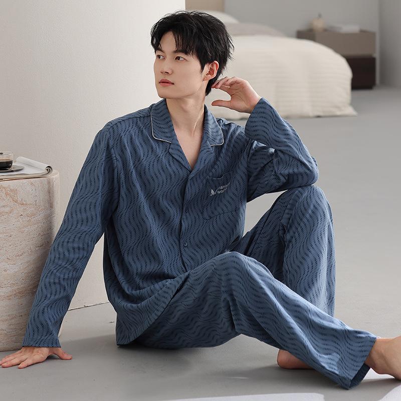 Men's pajamas spring and autumn pure cotton long-sleeved cardigan spring and autumn men's dad plus size cotton loungewear set