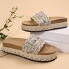 Fashion thick-soled slippers women's rivets hemp rope large size rhinestone beach slippers