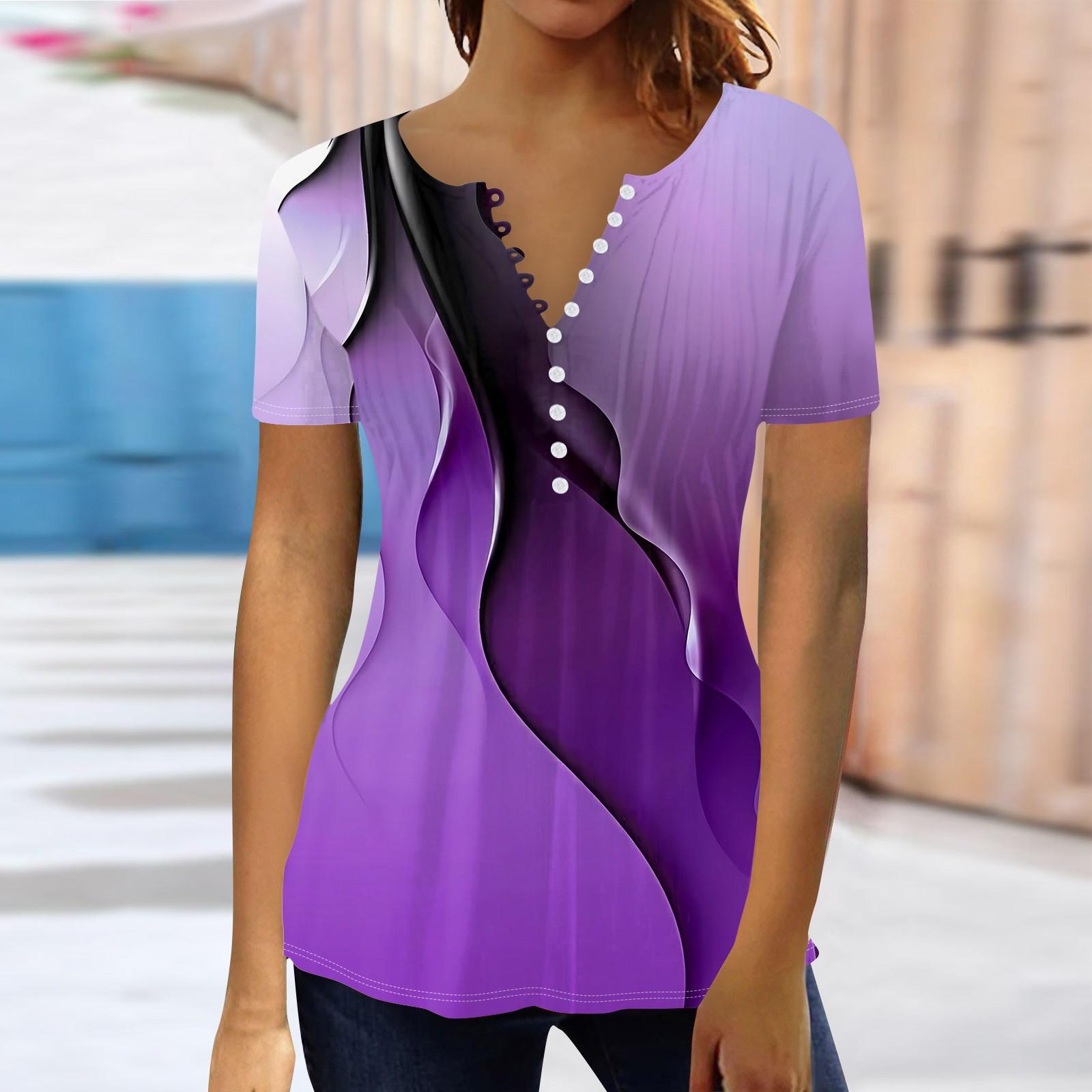 

Літні топи для жінок. Модні сорочки-туніки з принтом у стилі бохо. Футболка з V-подібним вирізом і ґудзиками з короткими рукавами. Повсякденна вільна блуза. XL фіолетовий