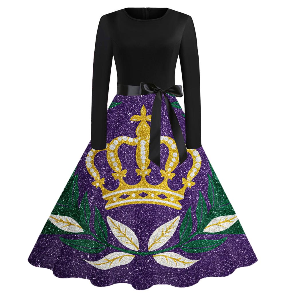 Damen Casual Mode Rundhals Karneval Bedrucktes Vintage Kleid