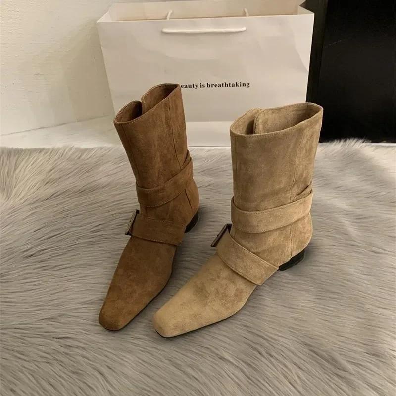 Retro French Style Short Boots Women'S Western Square Head Design Korean Version  Small Mass Market Suede Mid-Calf Boots