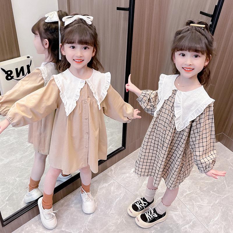 Spring Collection: Girls' Long-Sleeve Plaid Princess Dress In Cotton Linen.