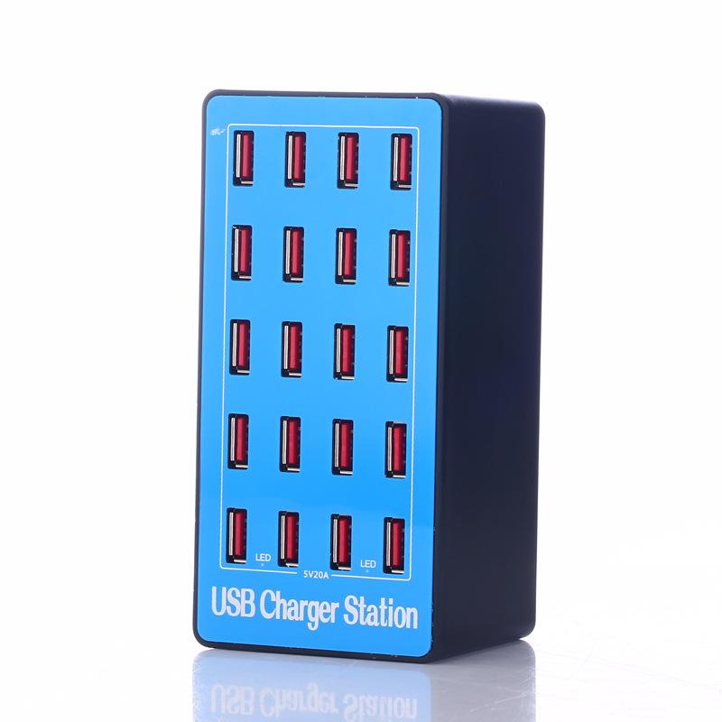 CE Certified 20-Port 100W Multi-USB Desktop Charger (ROHS, FCC, EU/US/UK/AU Specs)