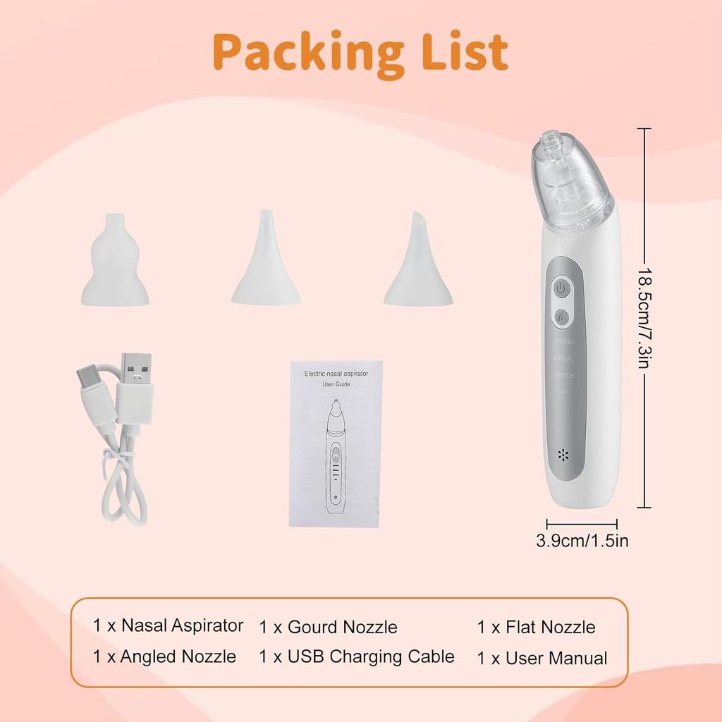 Elektrický nosní odsávačka pro miminka 3 úrovně sání, 3 silikonové nástavce, dobíjecí a přenosný čistič nosu s uklidňující ukolébavkou