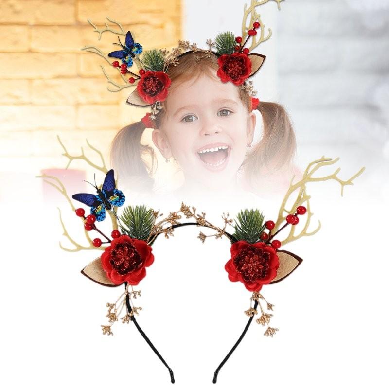 Enchanting Forest Style Antler Headband With Faux Flowers For Christmas Celebrations