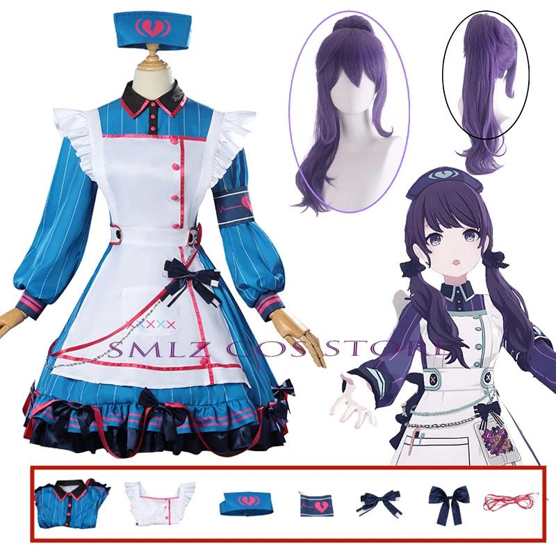 Anime PJSK Asahina Mafuyu Cosplay Kostuum Project Sekai Kostuum Schattige Blauwe Dienstmeisje Uniform Jurk Pak Pruik Dames Speelkleding S blue