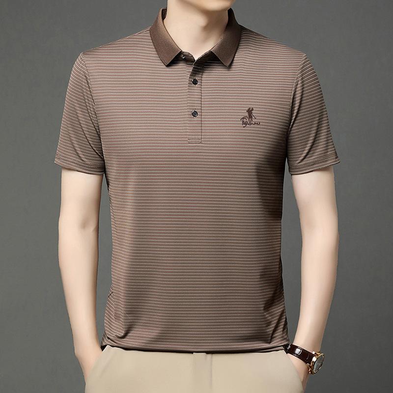 Machine Washable Men'S Ice Silk Seamless Short-Sleeved T-Shirt Business Casual Lapel Striped Polo Shirt