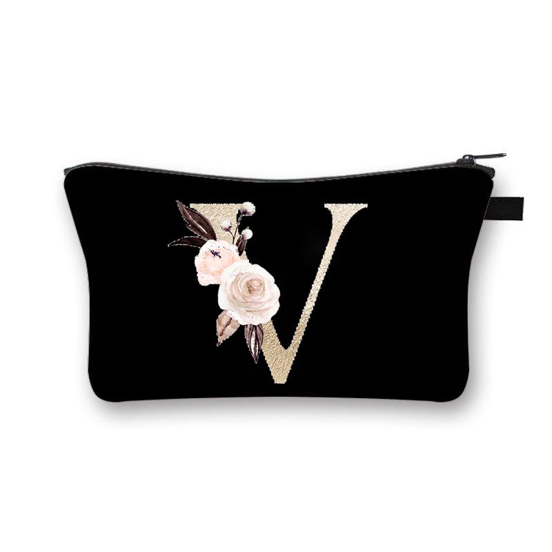 Vintage Golden Flower Alphabet Travel Cosmetic Bag Waterproof Toiletry Organize Pouch for Women