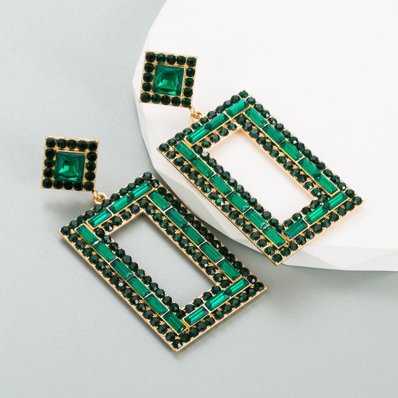 Womens Drop Exaggerated Mesh Earrings Red Rectangular Alloy Inlaid Color Crystal Advanced Geometric Earrings