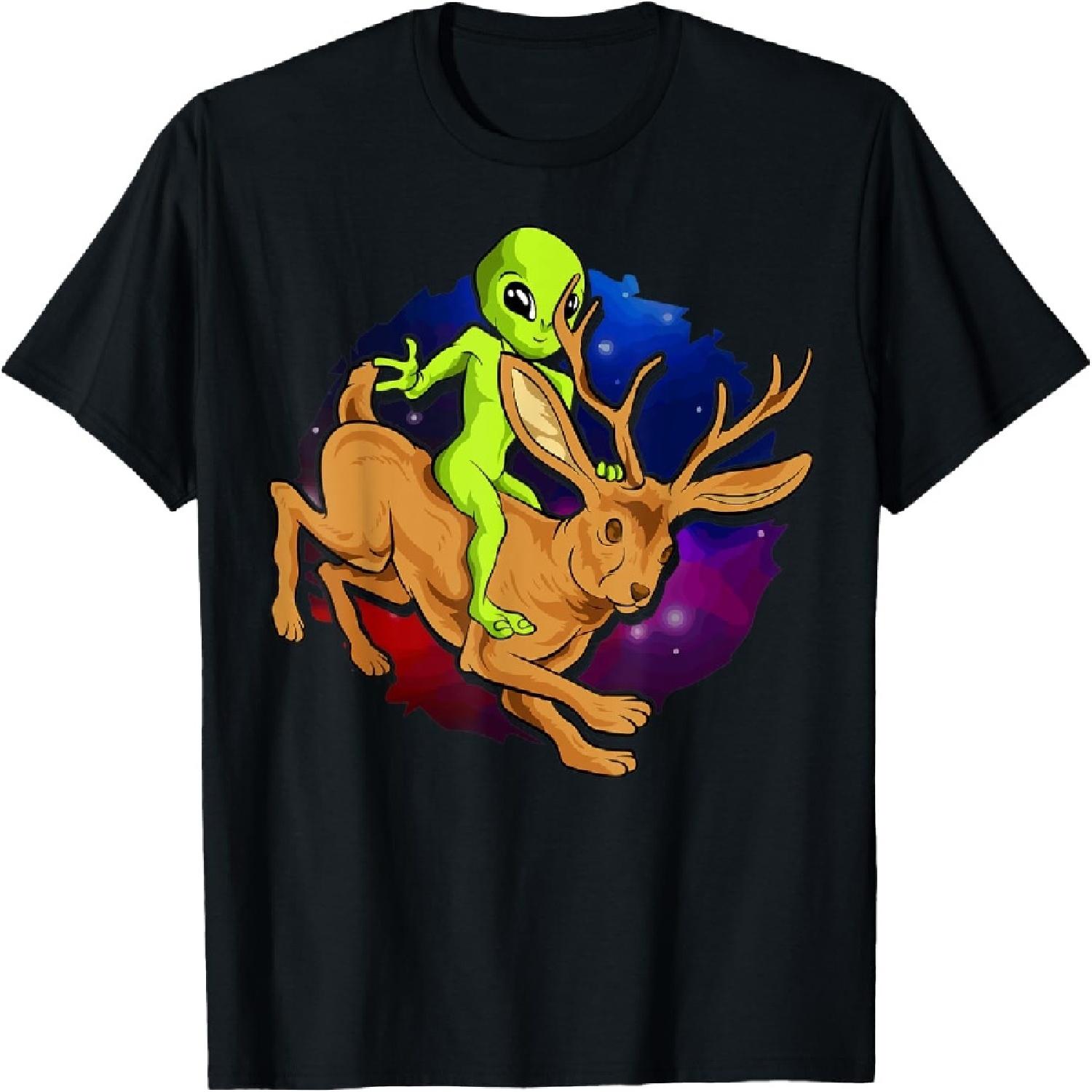 Alien Riding Jackalope Save Cryptid Hare Jackrabbit Camping T-Shirt S