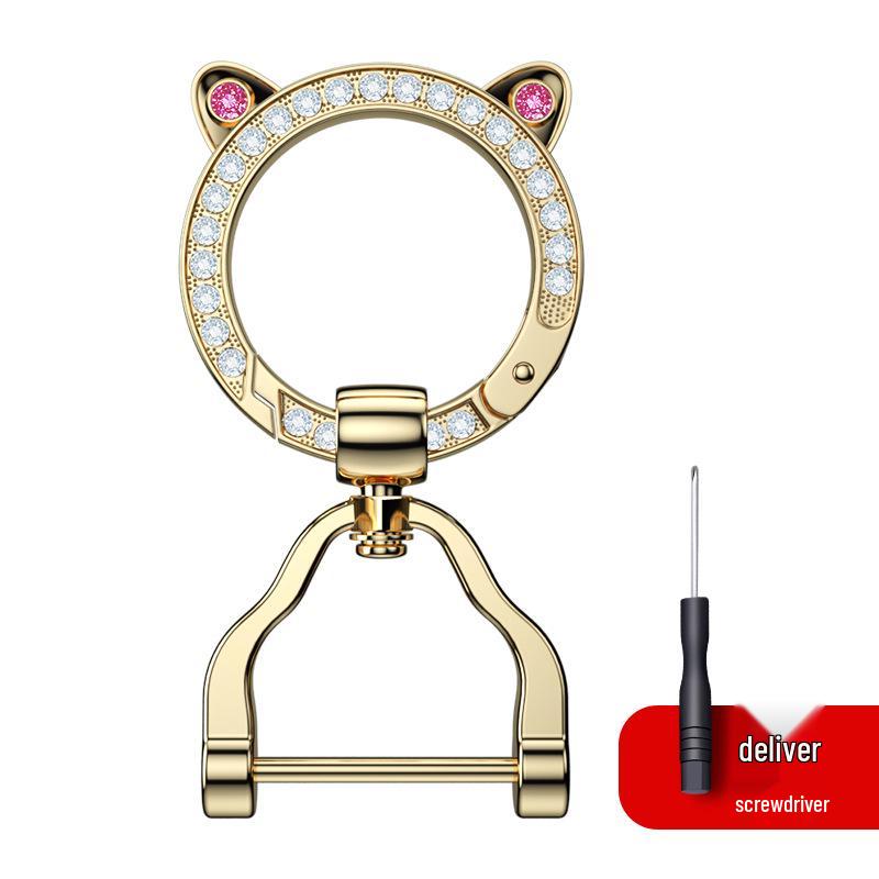 Rhinestone Circle Car Keychain with Gold Edge, Rope, Metal Keyring Pendant for Hyundai – Waist Hanging Household Hardware Buckle