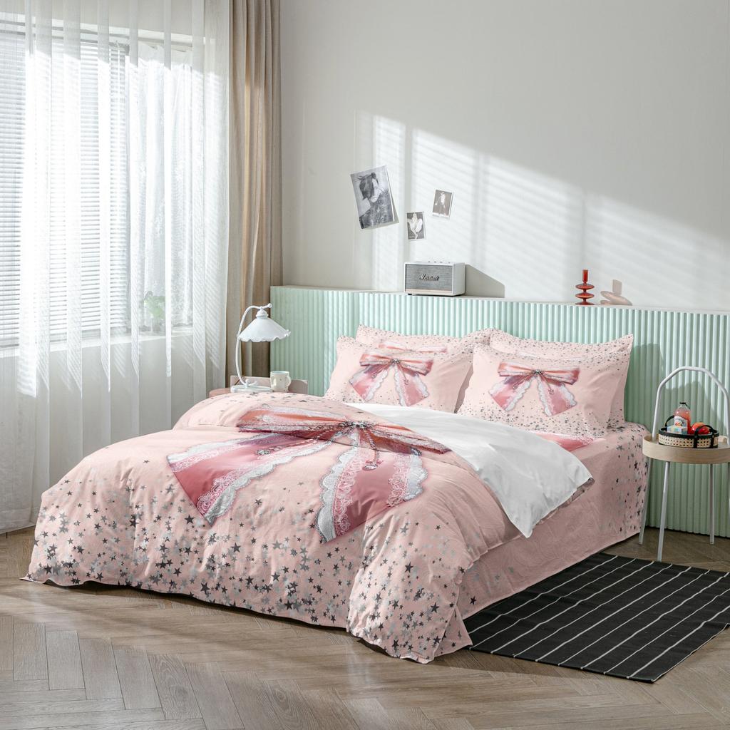 3Pcs Bow Bedding Set, Pink Rhinestone Bow Print Duvet Cover, For Family Bedrooms Dormitories Hotels High Definition Printing