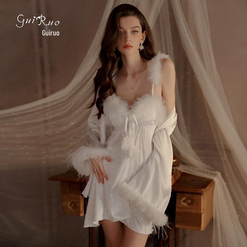 Guiruo Silver Padded Lingerie Set - Sexy Plus Size Camisole Nightgown & Robe 4419