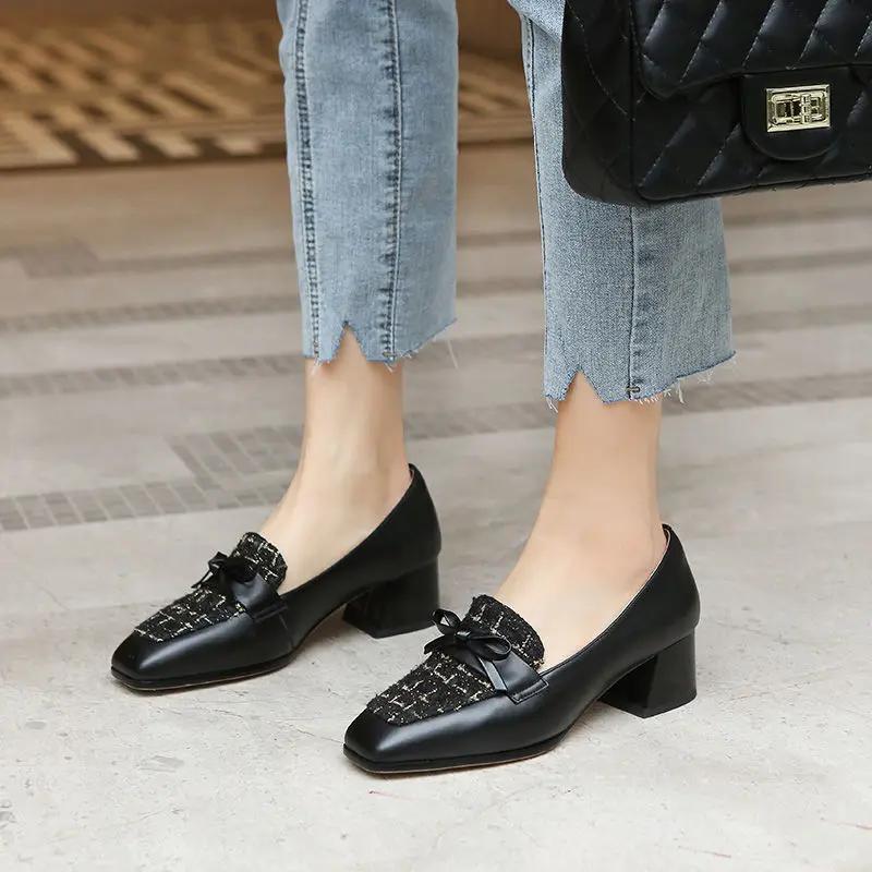 Woman Pumps Block Heel Loafers with Bow Chunky Heels Square Toe Shoes for Women Medium Y2k Popular Stylish Luxury Brand Shoe 39