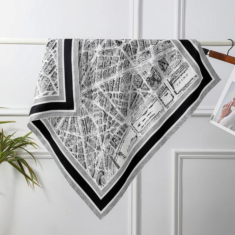 Black and White Map 18 Silk Square Scarf Women's Double-sided Heterochrome Fashion Handmade Curled Twill Scarf