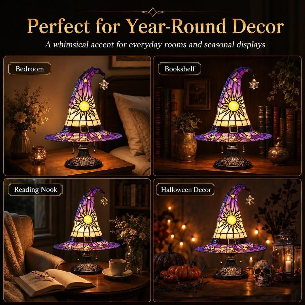 Witch Hat Lamp, Stained Glass Handcrafted Retro Resin Witch Lamp for Halloween Desk Decor, Gothic Wizard Hats Night Light