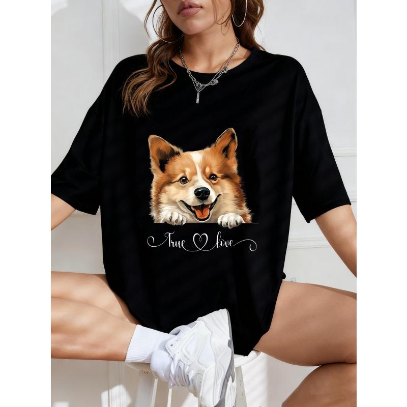 Corgi Dog Print T Shirt White Cute Corgi Face And True Love Text Design Casual Everyday Wear For Women And Girls