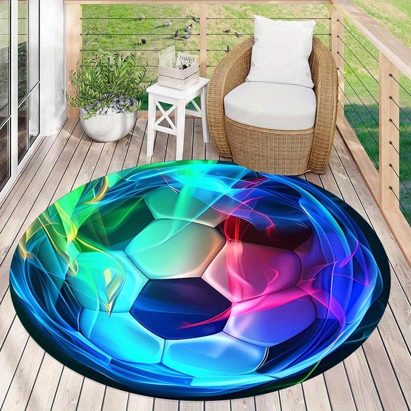 Soft Soccer Themed Round Rug, Non-Slip Washable Polyester Carpet for Living Room, Bedroom, Office Decor Mat, Cozy Gift