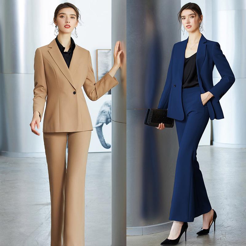 

Khaki One-Button Professional Suit & Wide-Leg Pants Set for Women Small