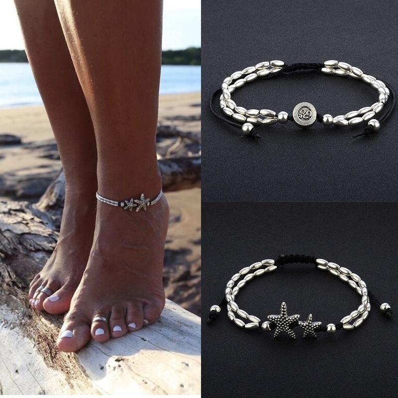 Bohemian Multi Layer Rune Starfish Women's Anklet Foot Bracelet Barefoot Sandals Chain Strap Beach A